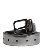 Silver Leather Classic Metal Logo Buckle Belt