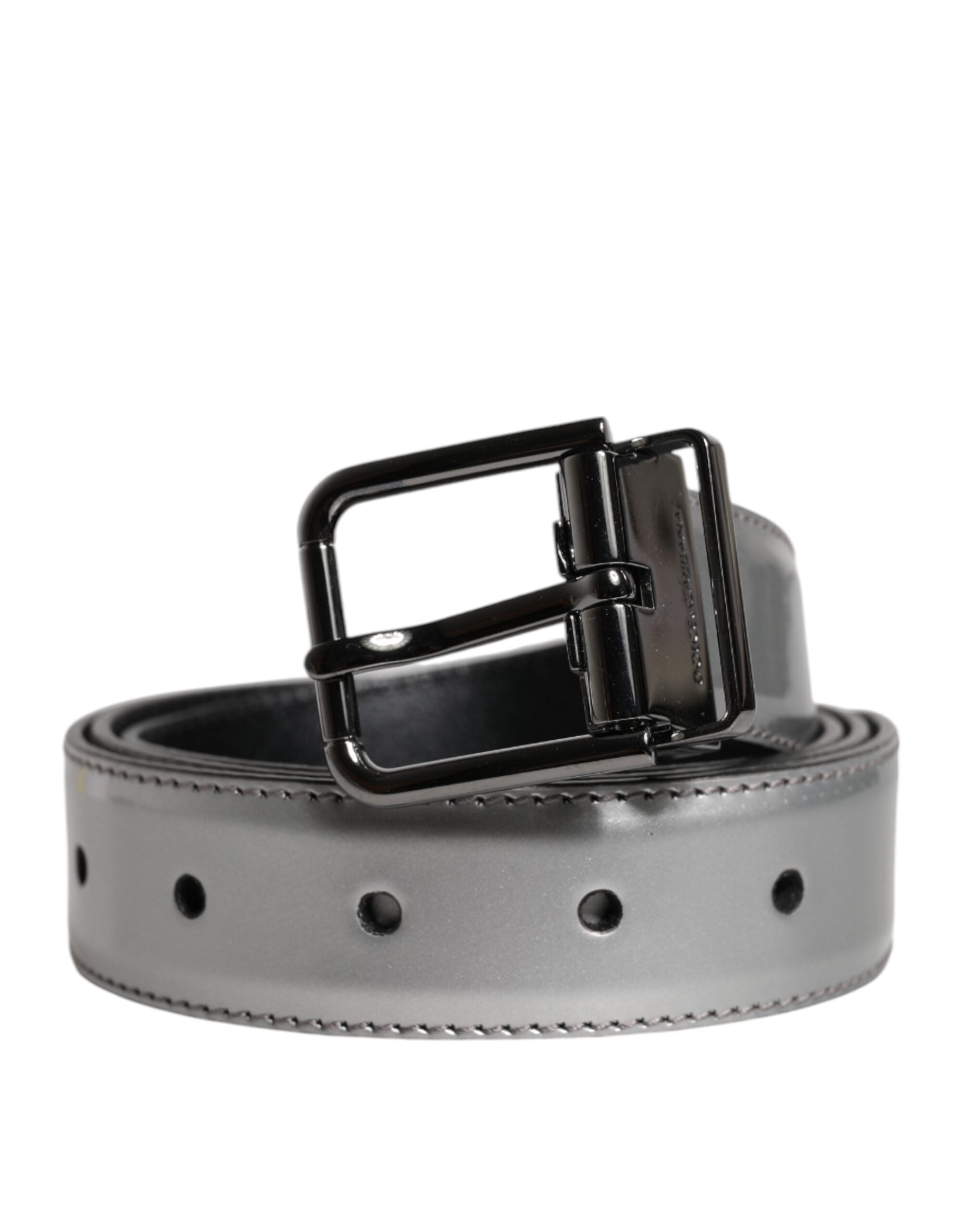 Silver Leather Classic Metal Logo Buckle Belt