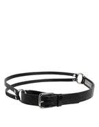 Black Exotic Leather Metal Logo Buckle Belt