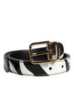 Black White Zebra Gold Metal Logo Buckle Belt