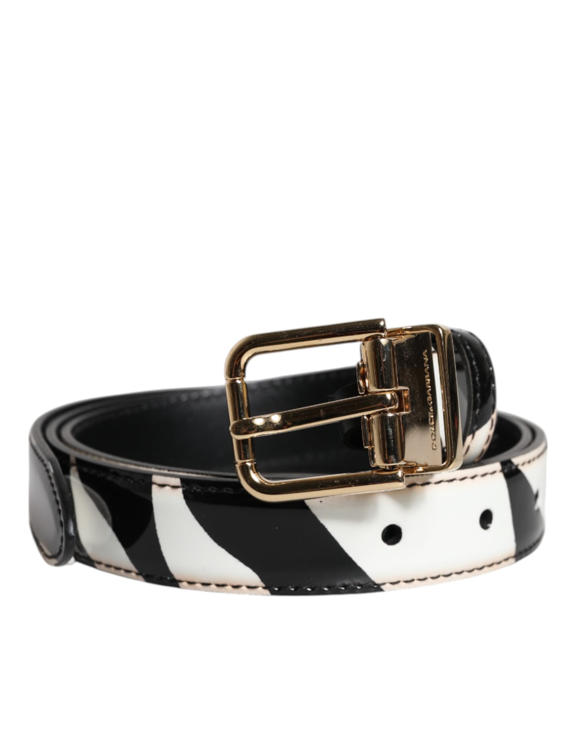 Black White Zebra Gold Metal Logo Buckle Belt