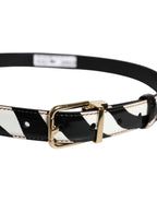 Black White Zebra Gold Metal Logo Buckle Belt