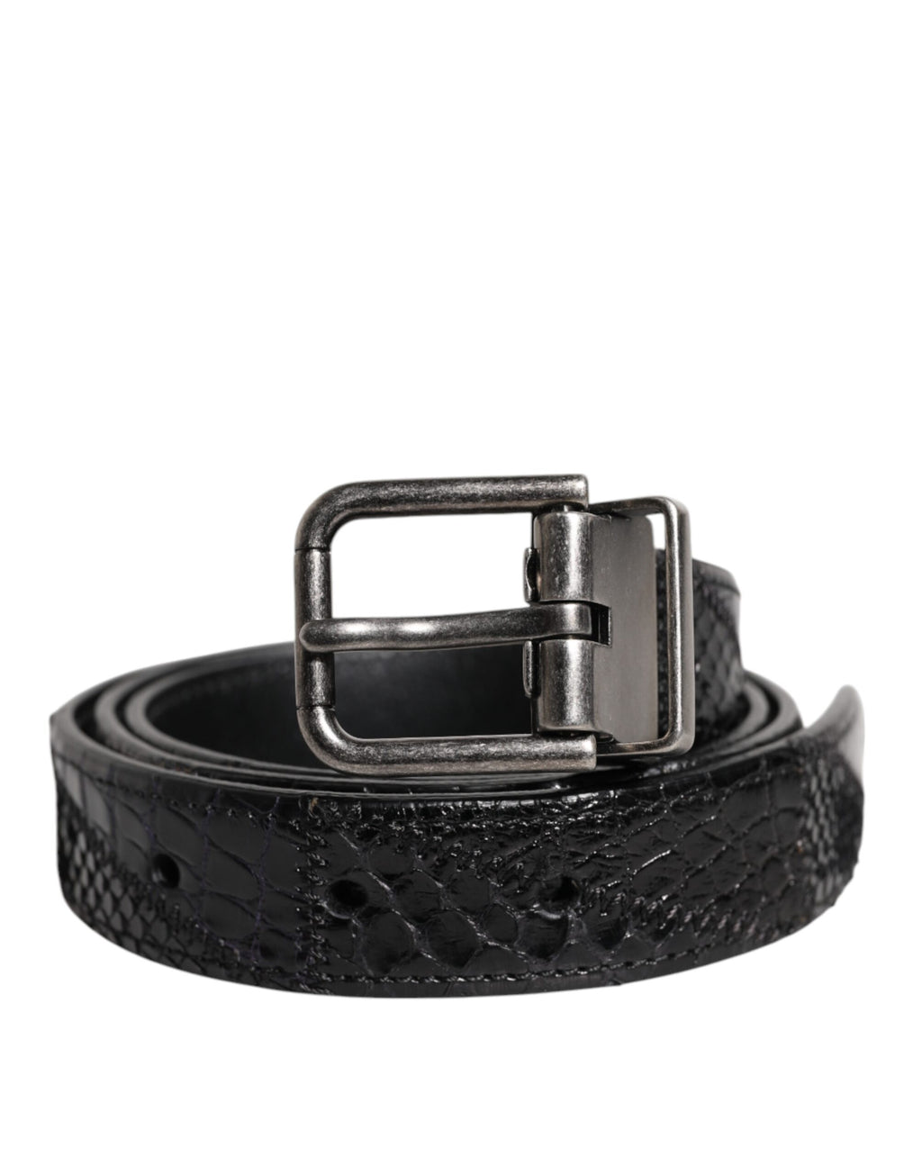 Black Exotic Leather Metal Logo Buckle Belt