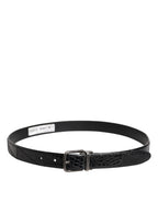 Black Exotic Leather Metal Logo Buckle Belt