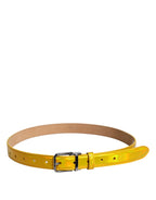 Metallic Yellow Leather Metal Logo Buckle Belt