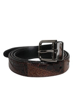 Brown Exotic Leather Metal Logo Buckle Belt