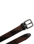 Brown Exotic Leather Metal Logo Buckle Belt