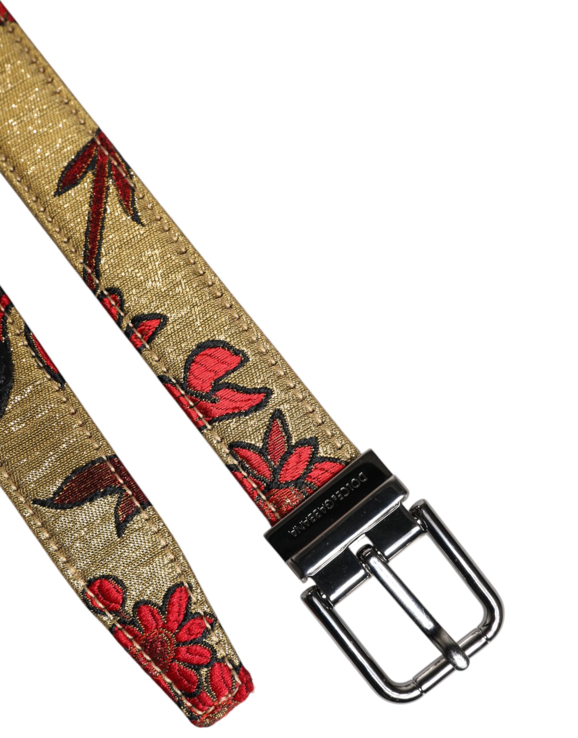 Gold Floral Jacquard Leather Metal Buckle Belt