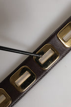 Dark Brown Leather Gold Rotating Buckle Belt