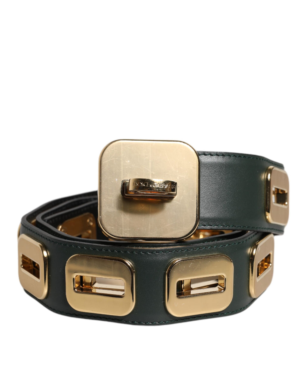 Green Leather Gold Tone Rotating Buckle Belt