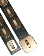 Green Leather Gold Tone Rotating Buckle Belt