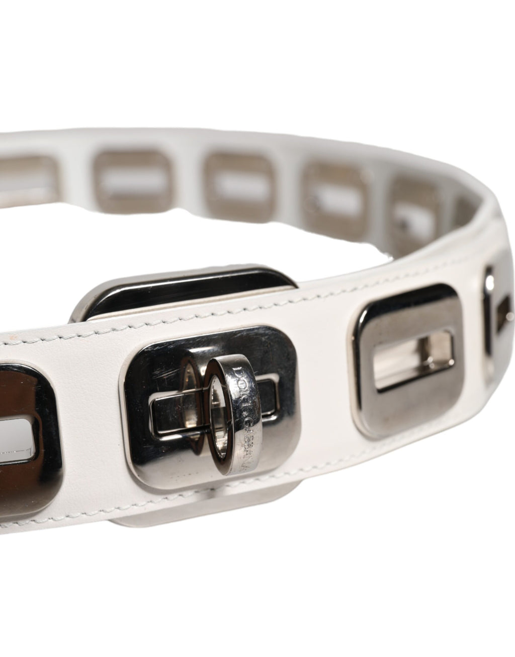 White Leather Gold Tone Rotating Buckle Belt