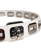 White Leather Gold Tone Rotating Buckle Belt