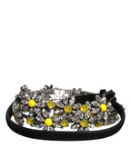 Black Leather Daisy Crystal Embellish Waist Belt