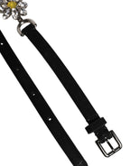 Black Leather Daisy Crystal Embellish Waist Belt