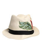 Beige Floral Print Straw Wide Brim Fedora Hat
