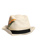 Beige Floral Print Straw Wide Brim Fedora Hat