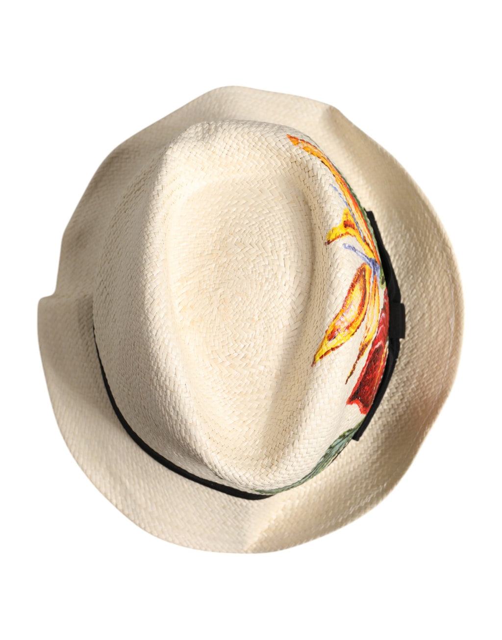 Beige Floral Print Straw Wide Brim Fedora Hat