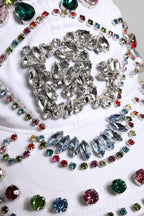 White Multicolor Crystal Embellish Baseball Cap