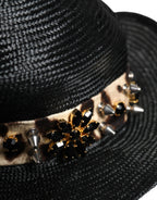 Black Straw Crystal Embellished Wide Brim Hat