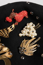 Black Wool Multicolor Embellished Cloche Hat