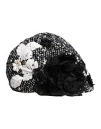 Black Wool White Floral Embellished Cloche Hat