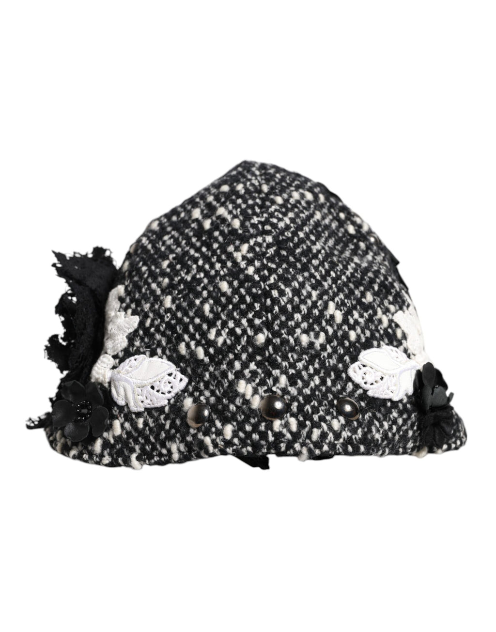Black Wool White Floral Embellished Cloche Hat