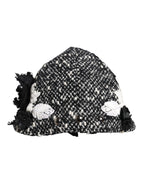 Black Wool White Floral Embellished Cloche Hat
