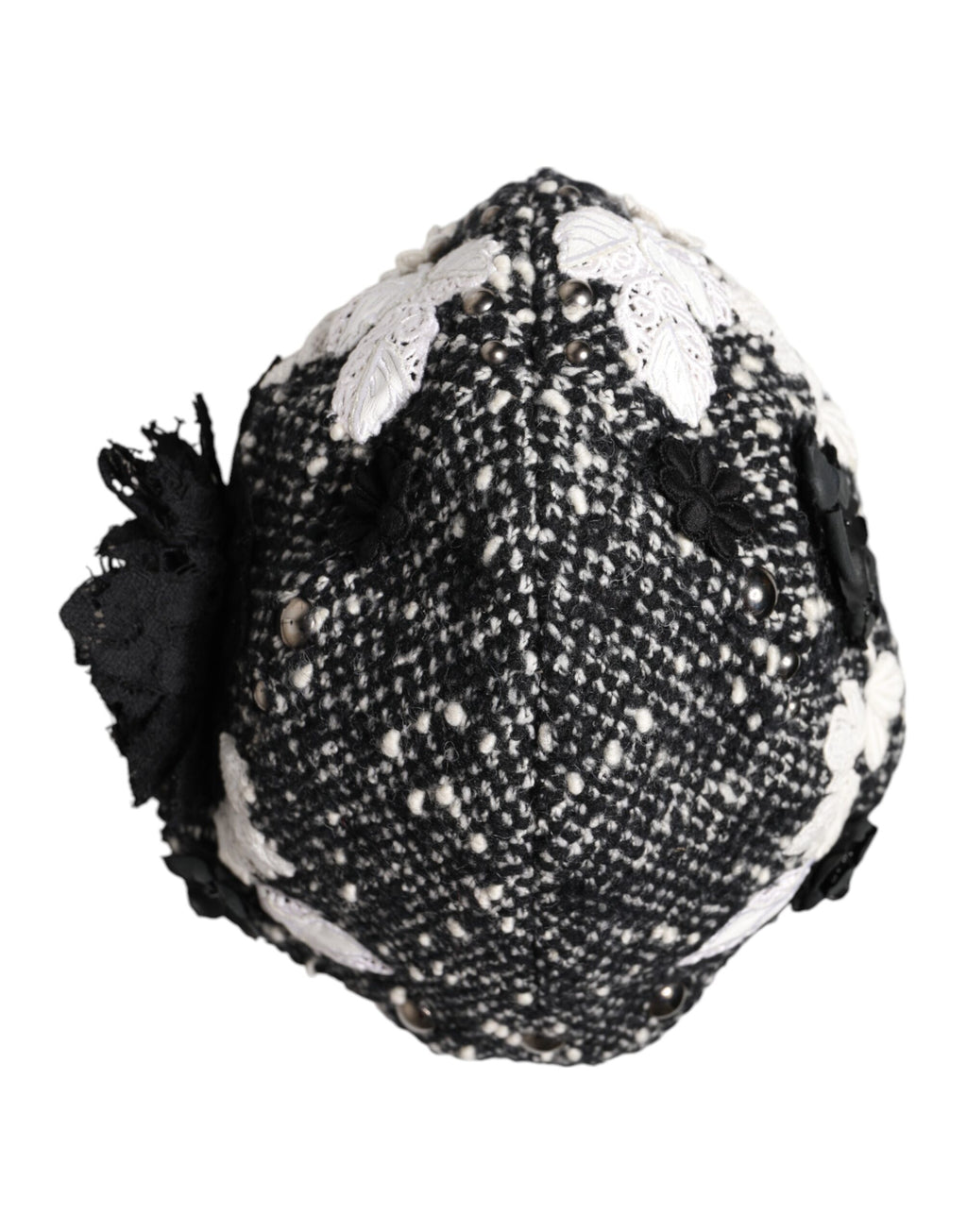 Black Wool White Floral Embellished Cloche Hat