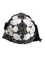 Black Wool White Floral Embellished Cloche Hat