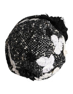 Black Wool White Floral Embellished Cloche Hat