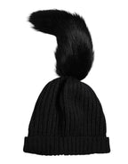 Black Acrylic Knitted Fur Winter Beanie Hat