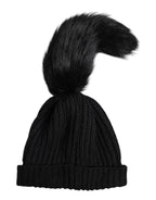 Black Acrylic Knitted Fur Winter Beanie Hat