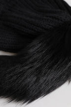 Black Acrylic Knitted Fur Winter Beanie Hat