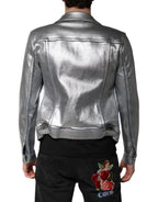 Silver Cotton Button Down Denim Biker Jacket