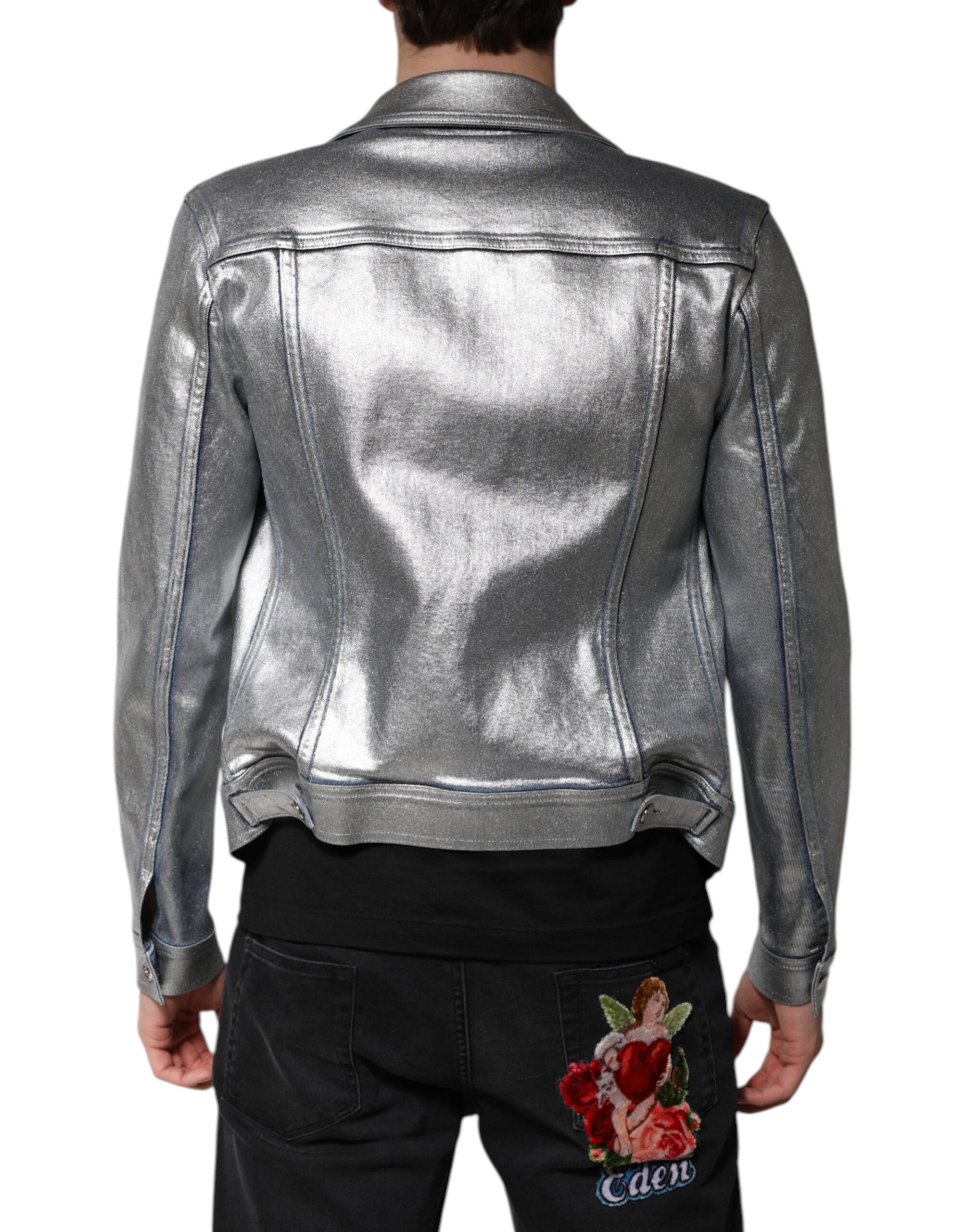 Silver Cotton Button Down Denim Biker Jacket