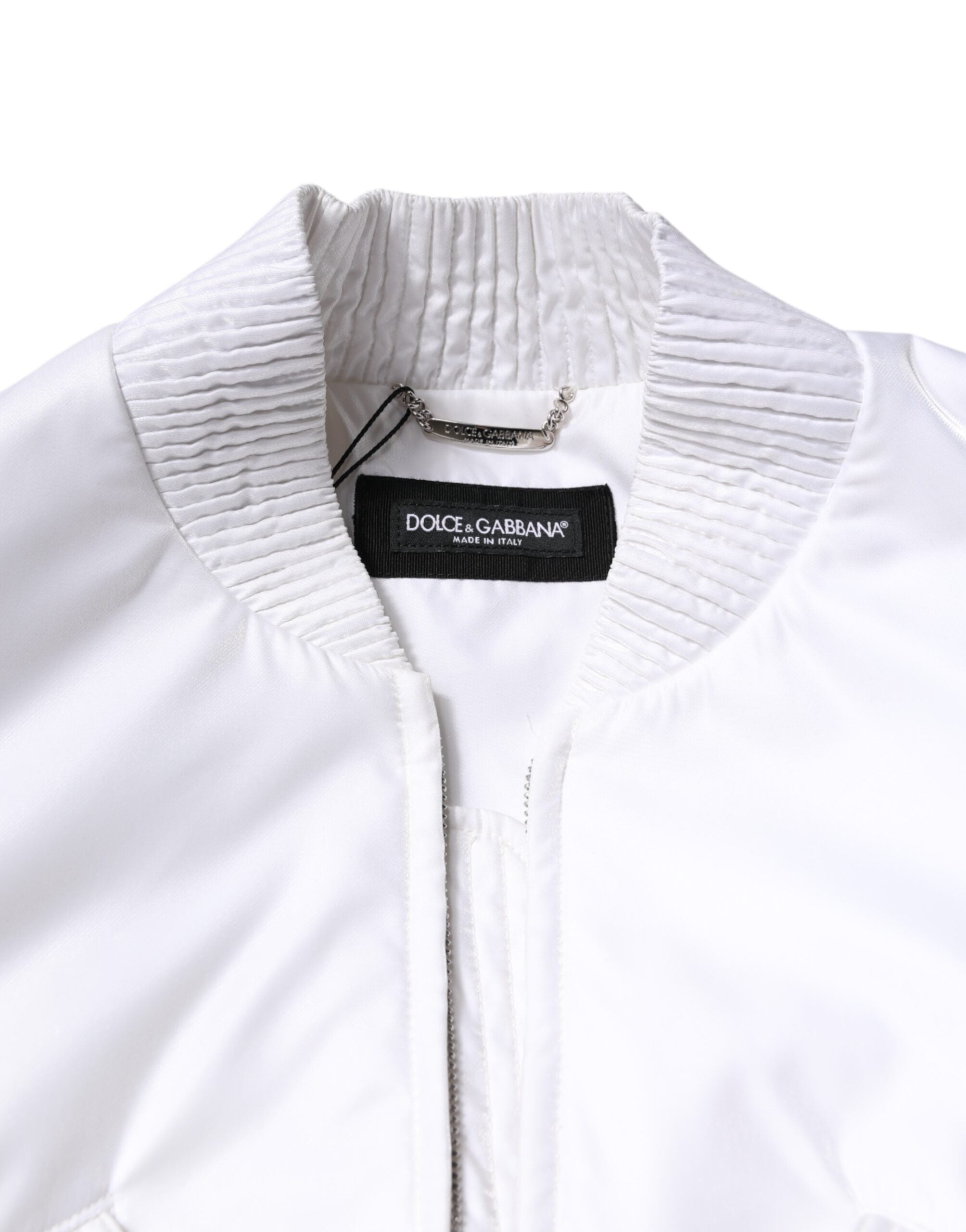 White Nylon Full Zip Cropped Bomber Jacket