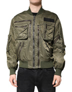 Green Nylon Full Zip Men Bomber Jacket