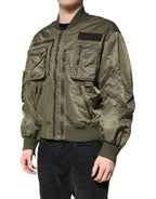 Green Nylon Full Zip Men Bomber Jacket