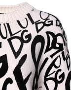 White Black Logo Print Women Pullover Sweater