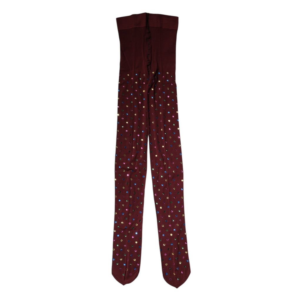 Maroon Nylon Crystal Embellished Pantyhose Tights