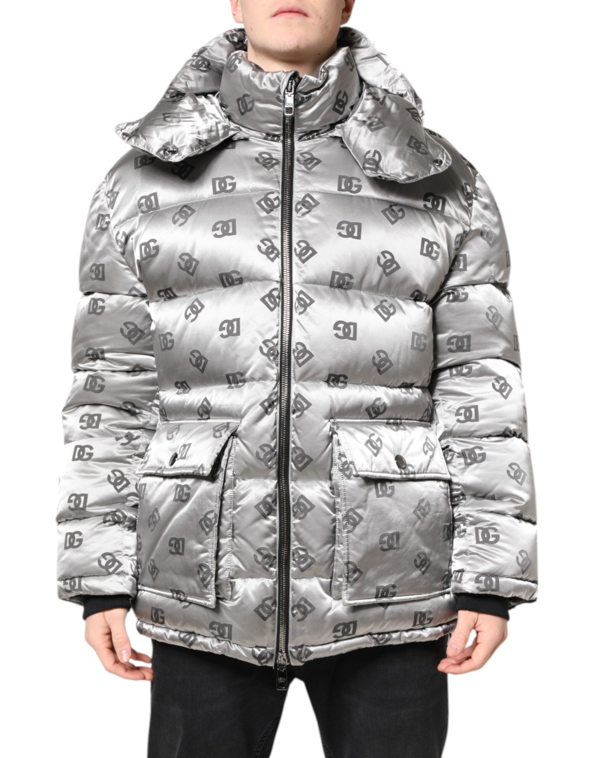 Silver Logo Full Zip Hooded Quilted Jacket
