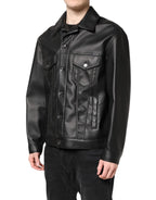 Black Polyester Button Down Biker Jacket