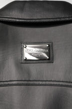 Black Polyester Button Down Biker Jacket