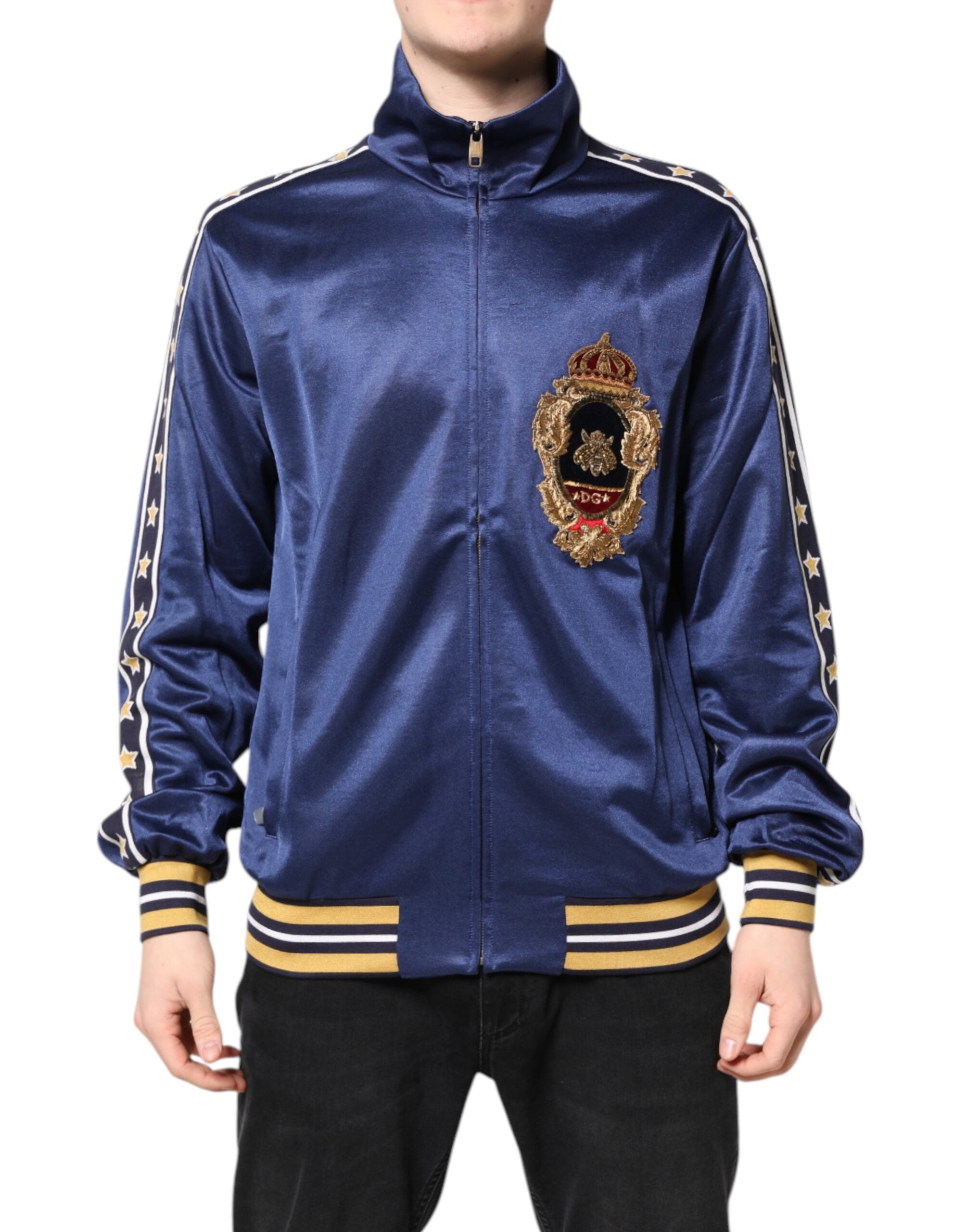 Blue Nylon Logo Patch Men Bomber Sweater