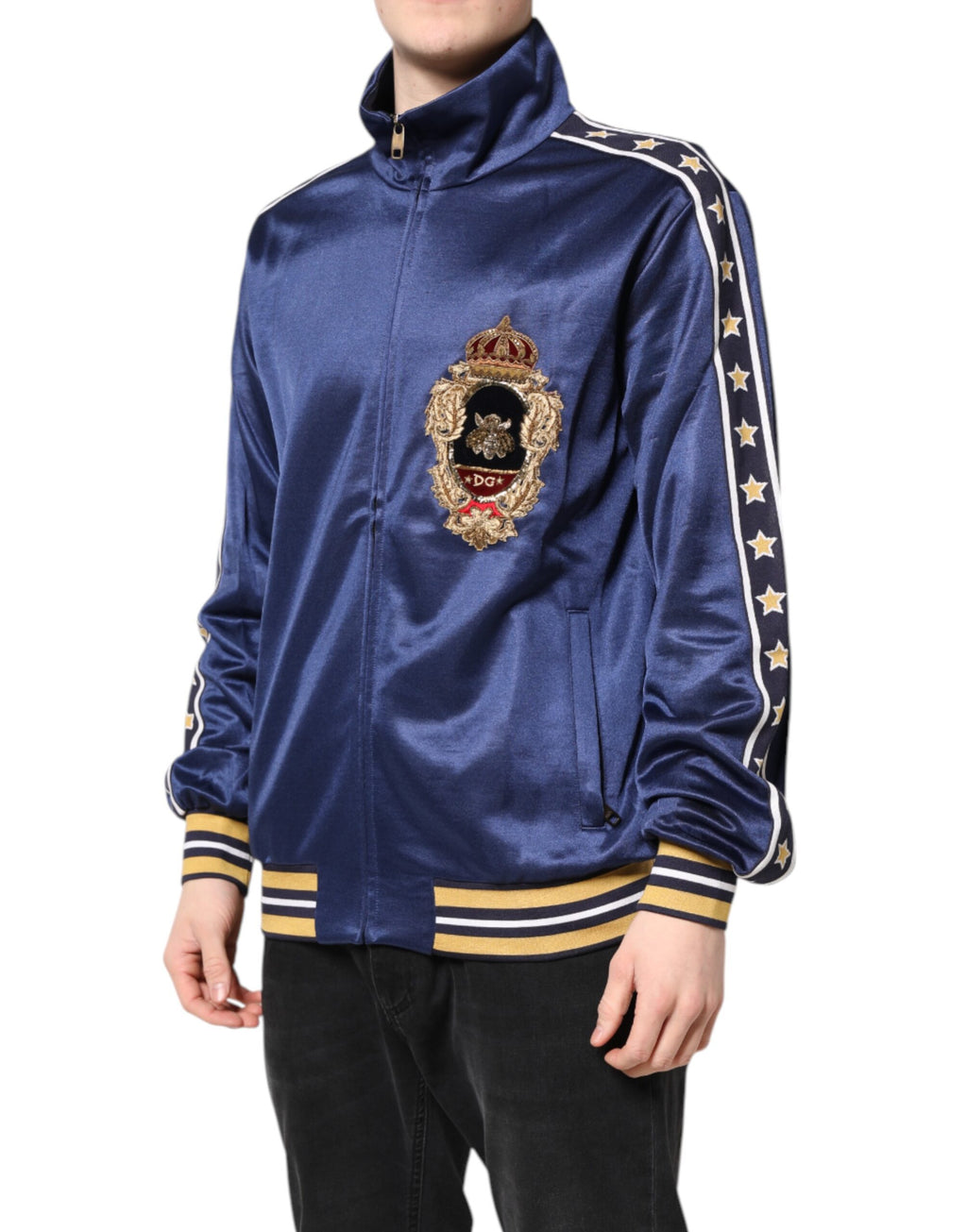 Blue Nylon Logo Patch Men Bomber Sweater