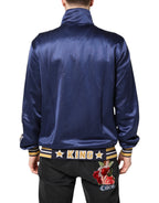 Blue Nylon Logo Patch Men Bomber Sweater