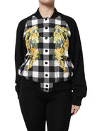 Black White Check Floral Button Down Jacket