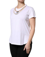 White Chain Pearl Cotton Round Neck T-shirt