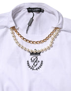 White Chain Pearl Cotton Round Neck T-shirt